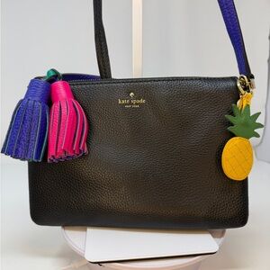Kate Spade Black Crossbody Bag with Tassels Bicolor strap and Pineapple Charm